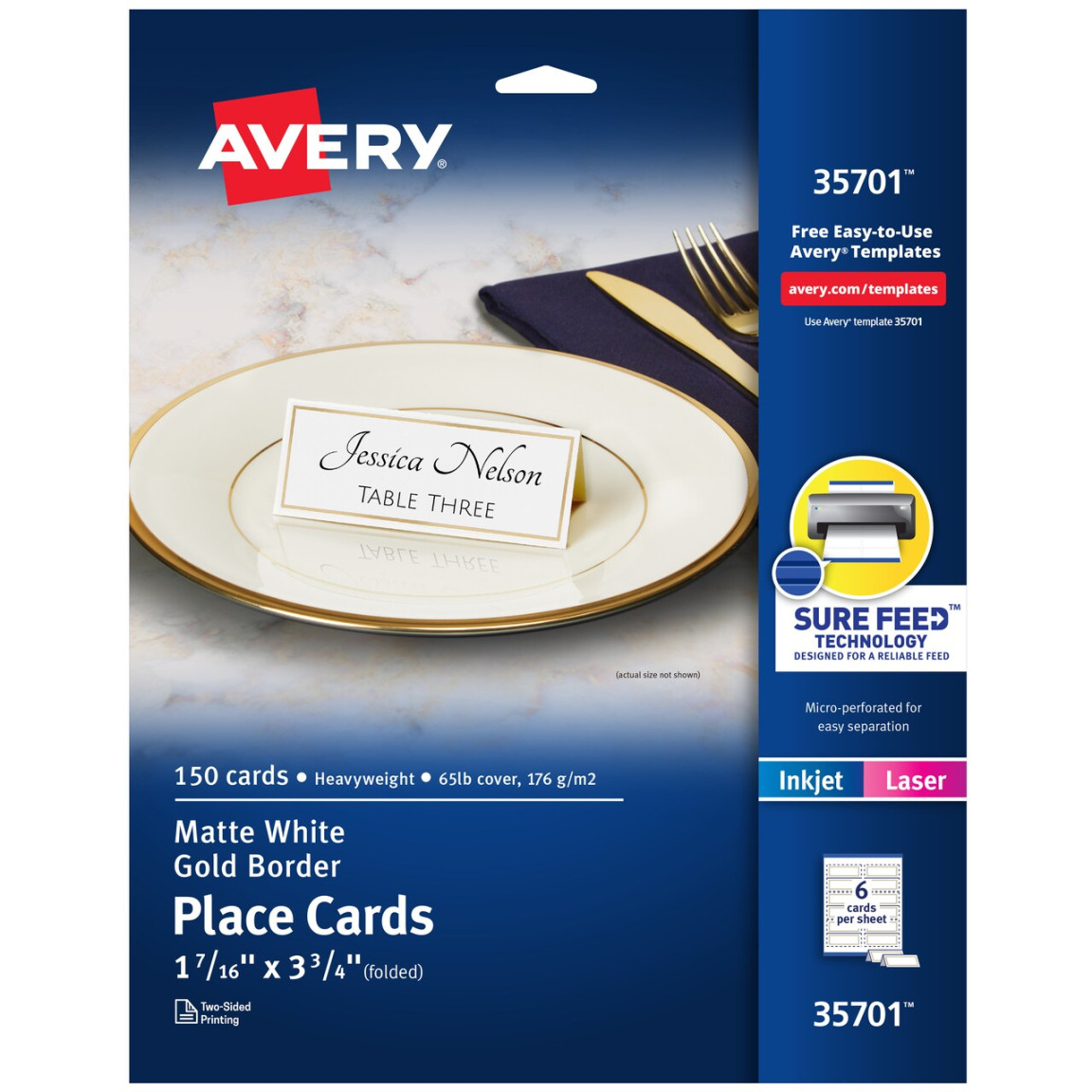 Avery Printable Place Cards with Sure Feed Technology, -/6" x -/",  White with Gold Border, 50 Blank Place Cards for Laser or Inkjet Printers