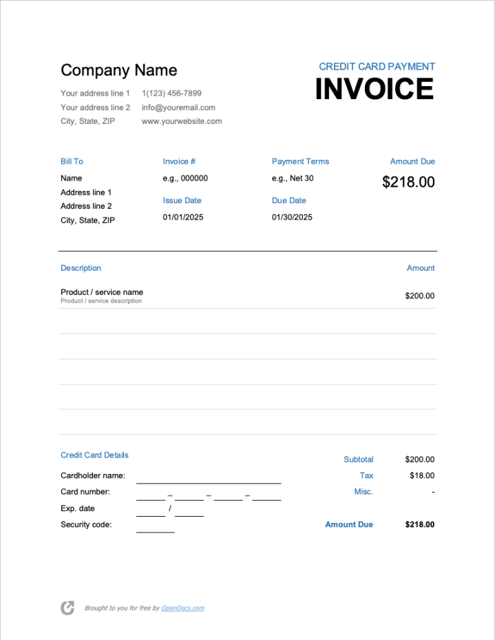 Free Credit Card Payment Invoice Template  PDF  WORD  EXCEL