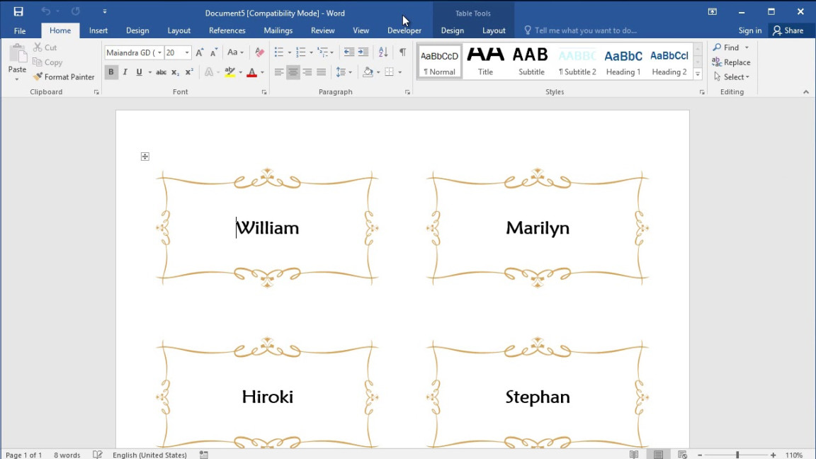 How to create place card in Word