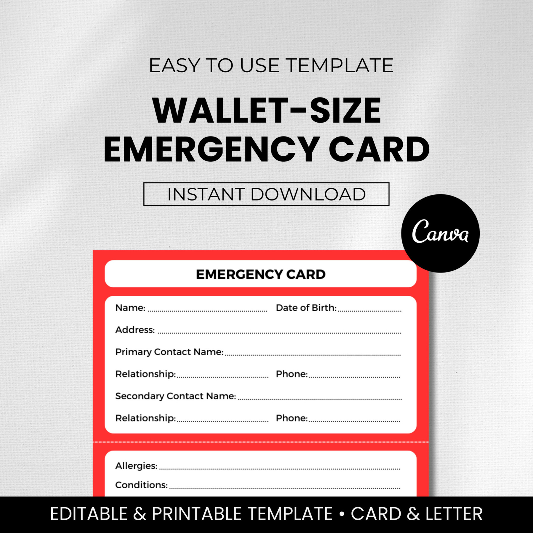 Printable Emergency Card Template Emergency Card for Wallet