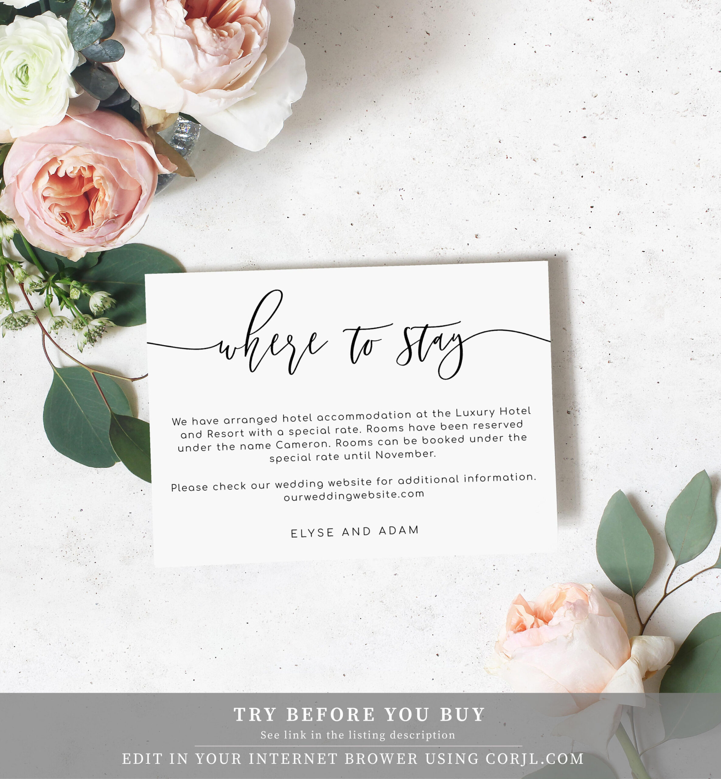 Printable Wedding Accommodations Card Minimalist Wedding Details