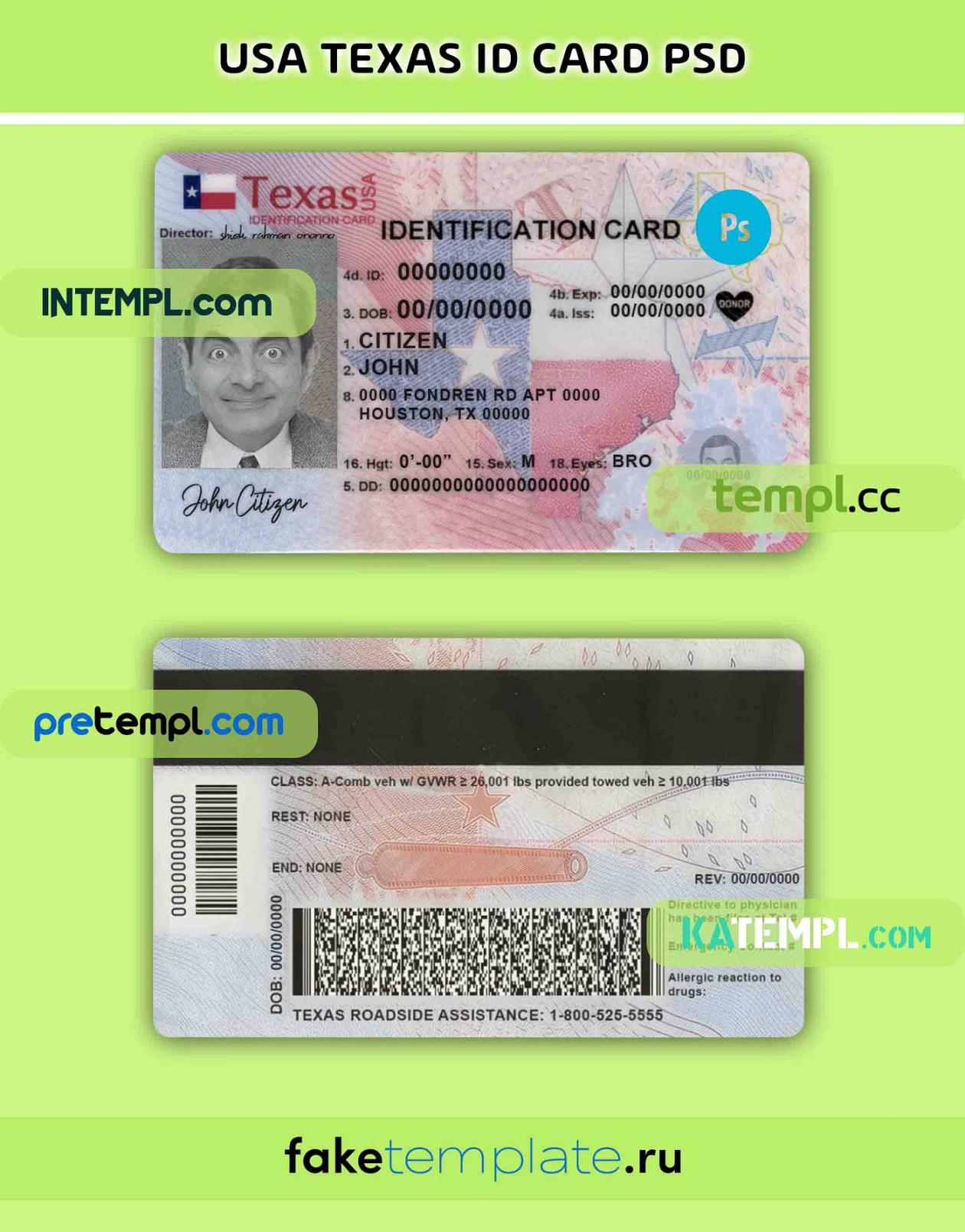 USA Texas state ID card template in PSD format, fully editable