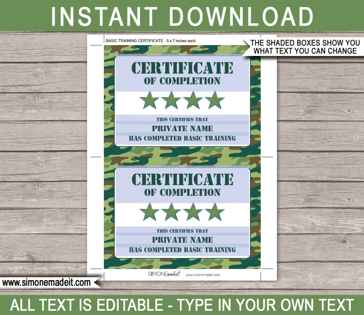 Boot Camp Certificate of Completion Template Printable Green Camo