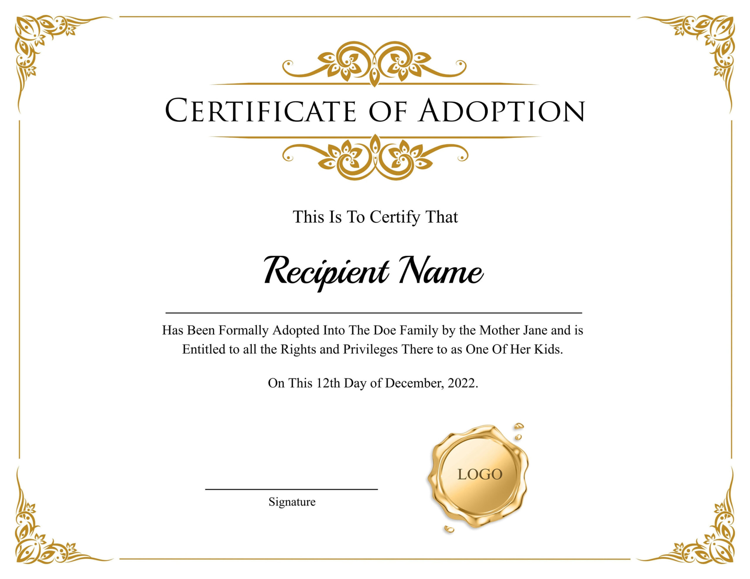 Certificate of Adoption to Our Family. Editable Printable Adoption  Certificate Template.