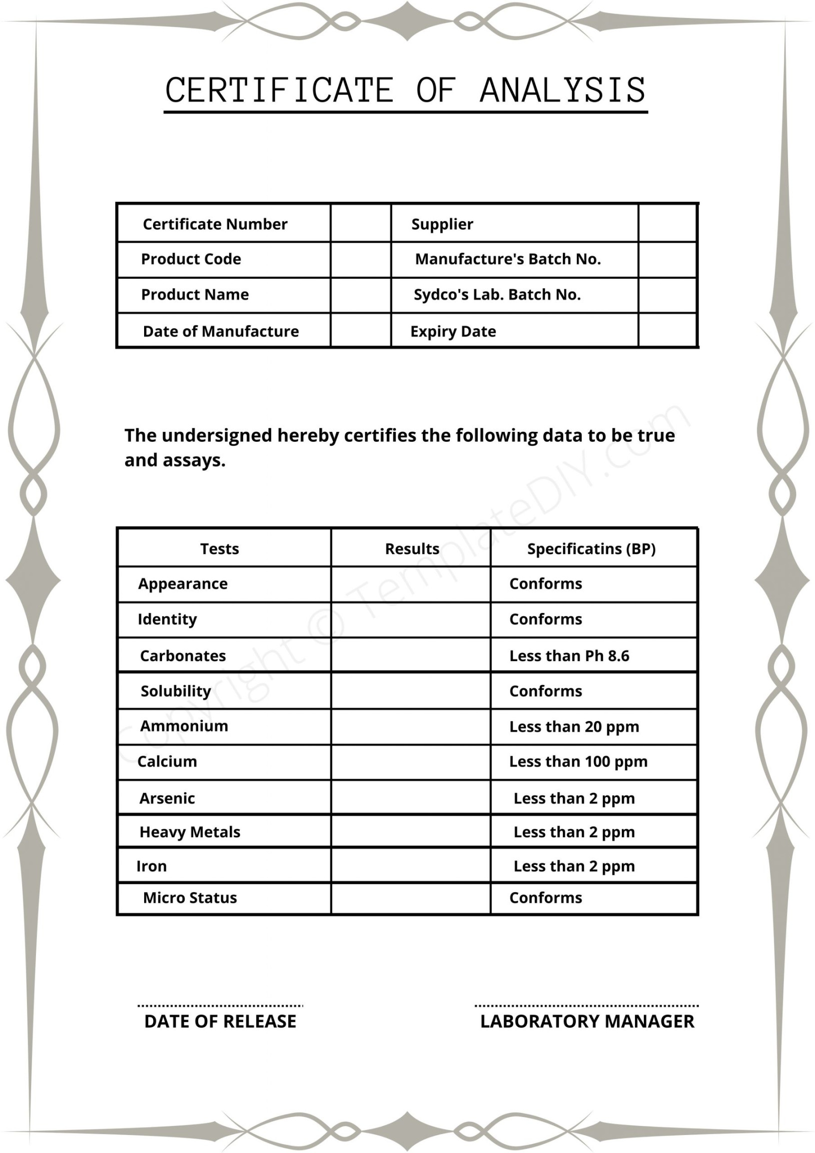 Certificate of Analysis Blank Printable Template in PDF, Word