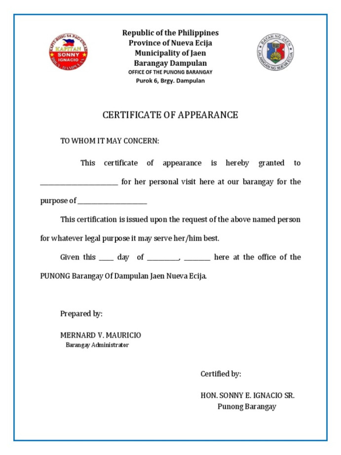 Certificate of Appearance: Republic of The Philippines Province of