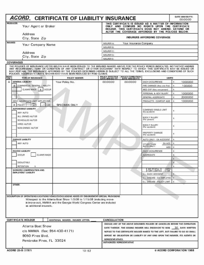 Certificate of Insurance Acord Form  Free Printable (+ Business