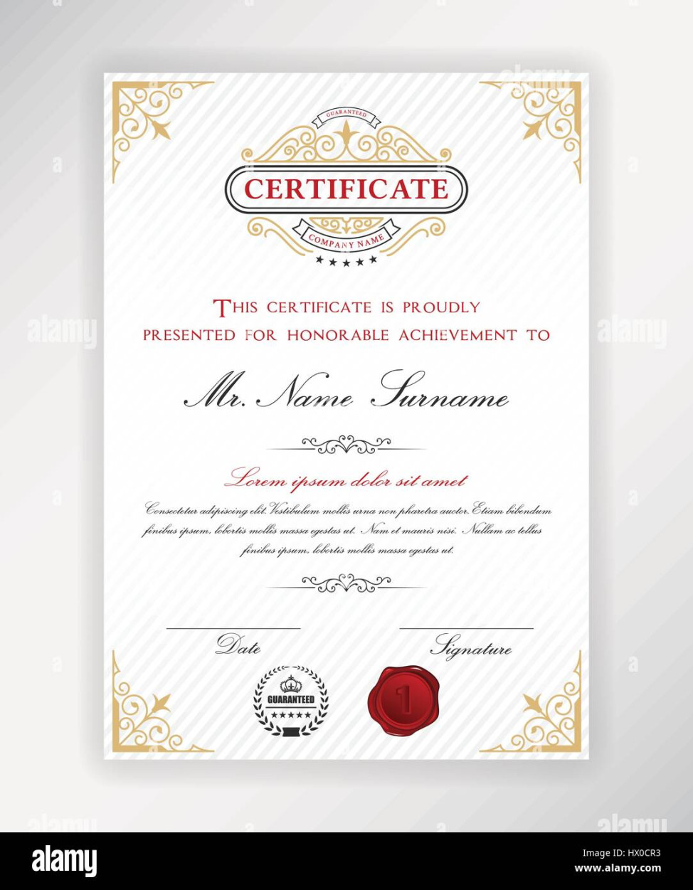 Certificate template design with emblem, flourish border on white