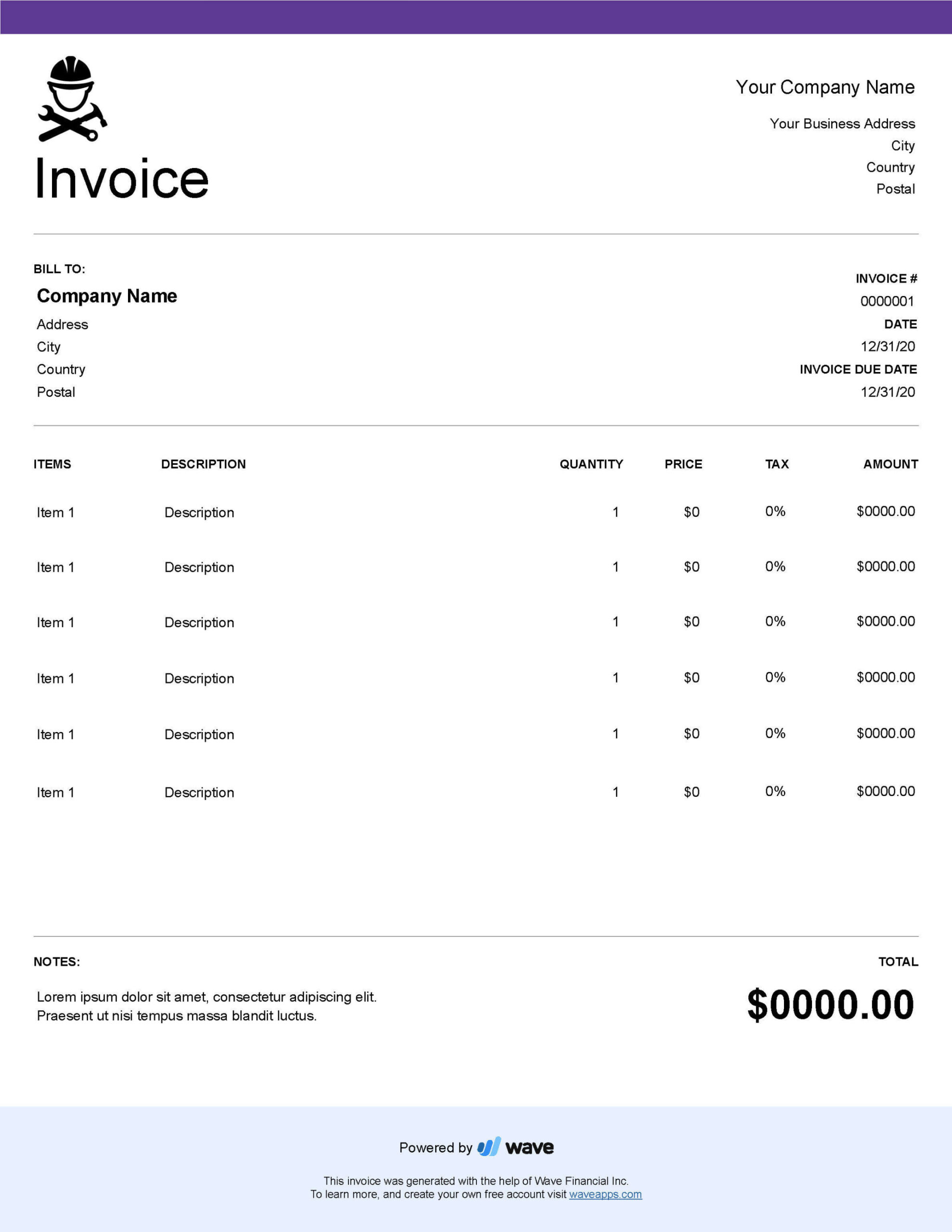 Contractor Invoice Template - Wave Financial