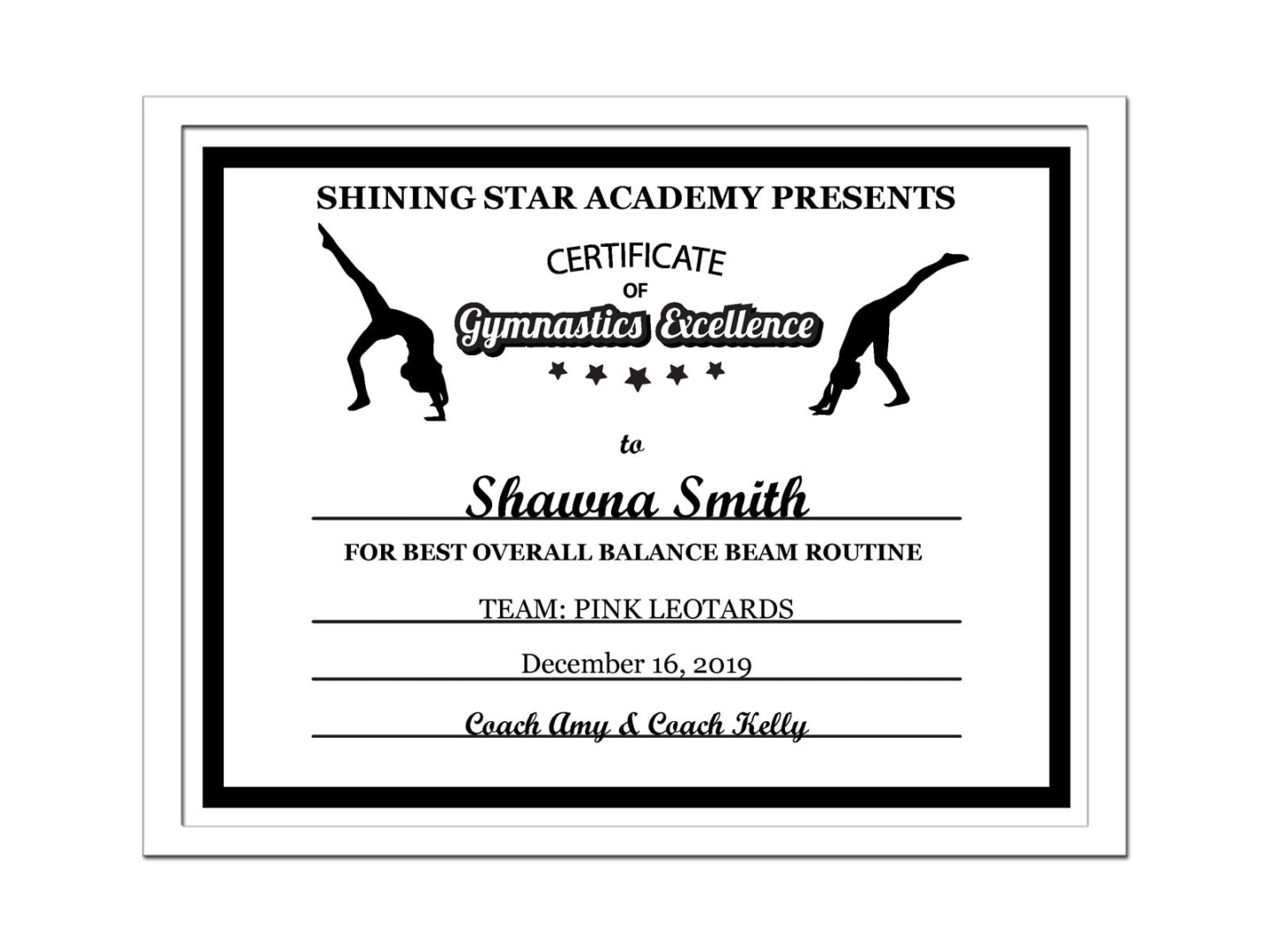 Editable PDF Sports Team Gymnastics Certificate Award Template in