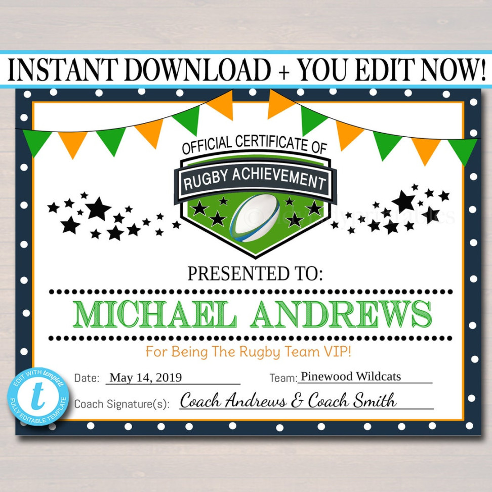 EDITABLE Rugby Award Certificates, INSTANT DOWNLOAD, Team Ruby