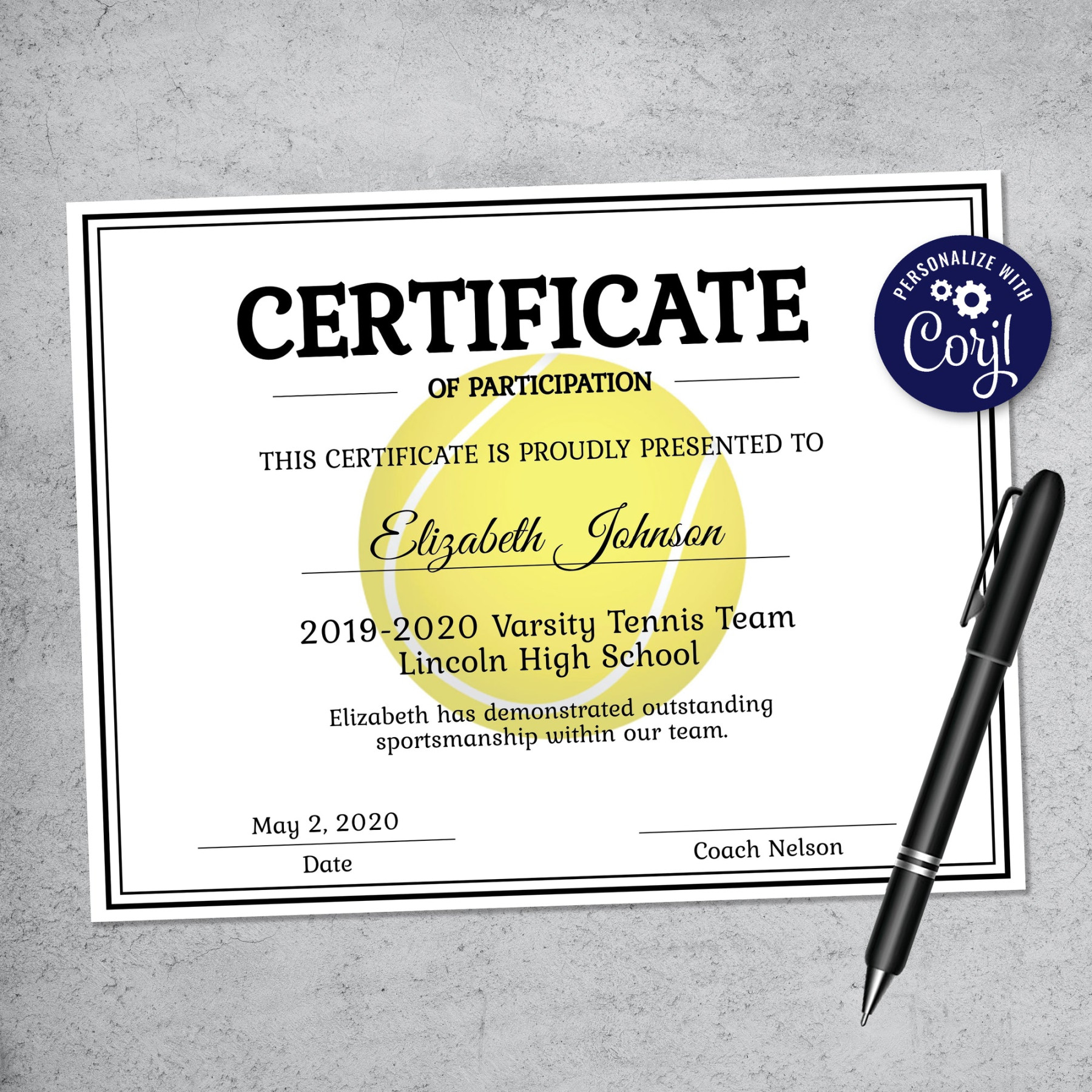 Editable Tennis Ball Certificate Template - LillyBellePaperie