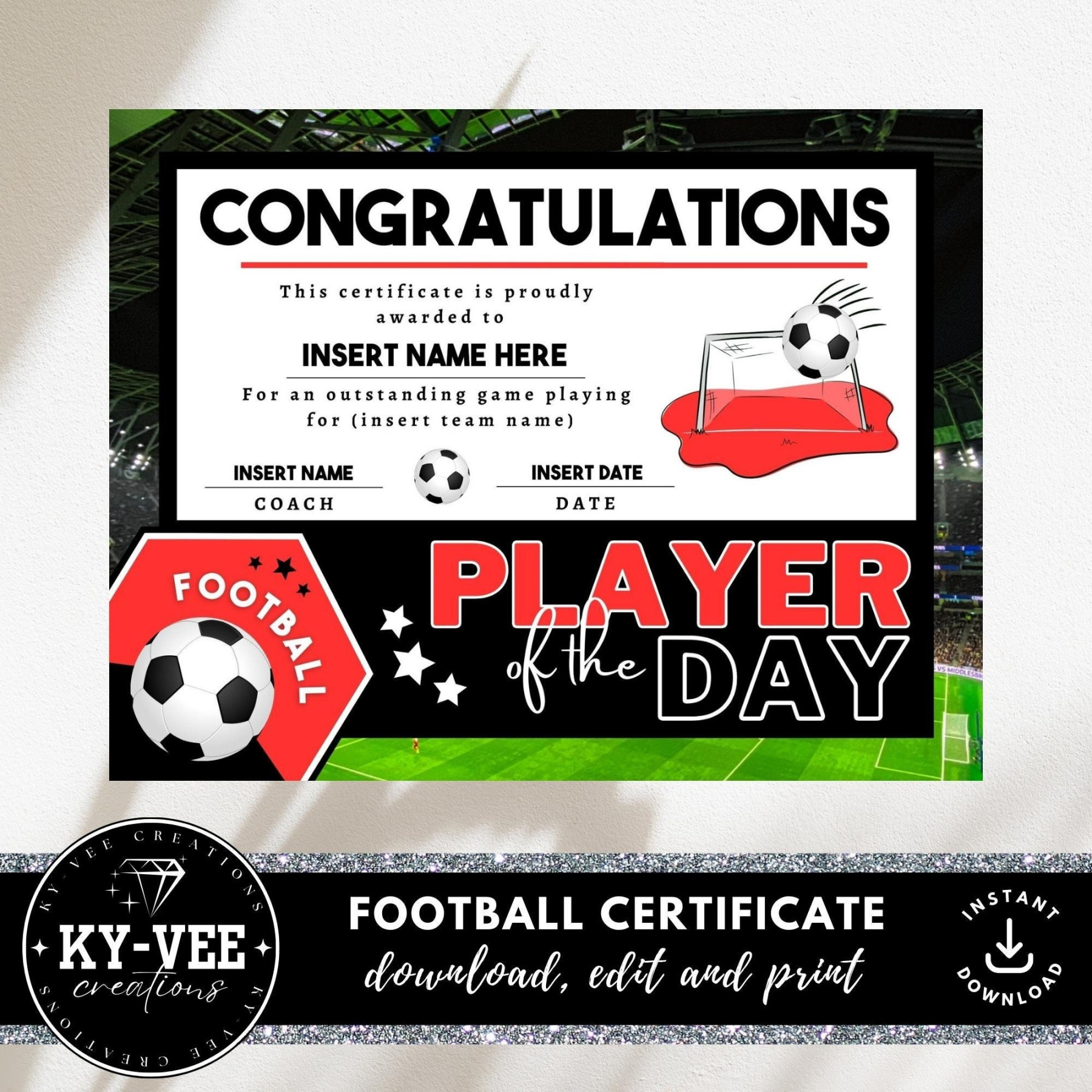 Football Player of the Day Certificate, INSTANT DOWNLOAD, Editable