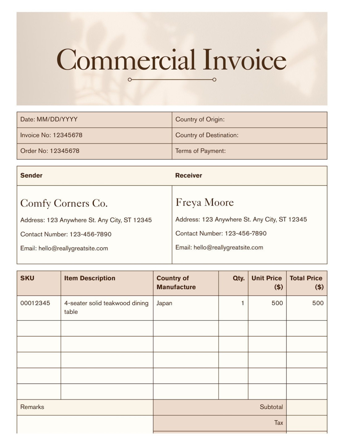 Free custom printable commercial invoice templates  Canva