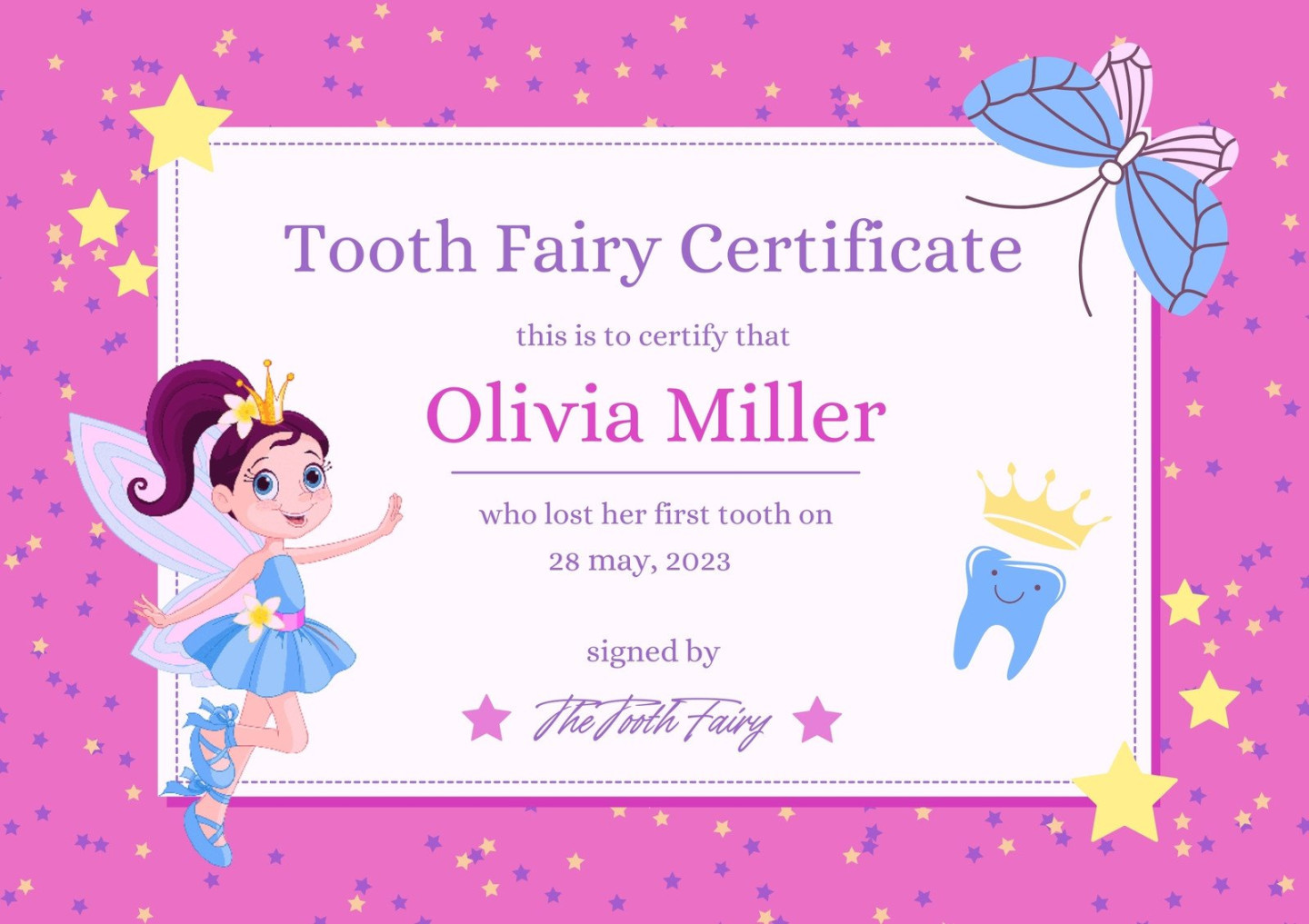 Free customizable tooth fairy certificate templates  Canva