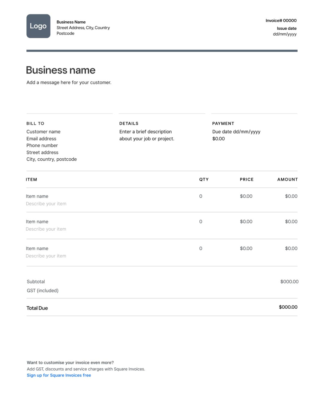 Free Invoice Templates – Customise in Word, PDF & Excel  Square