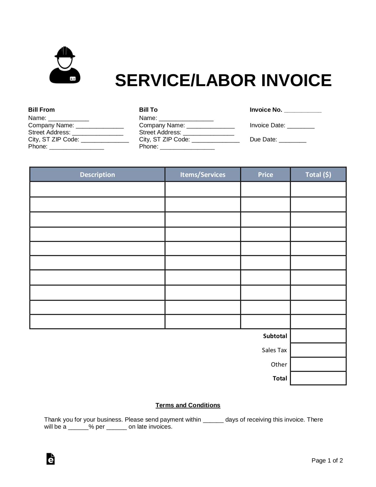 Free Service/Labor Invoice Template - PDF  Word – eForms