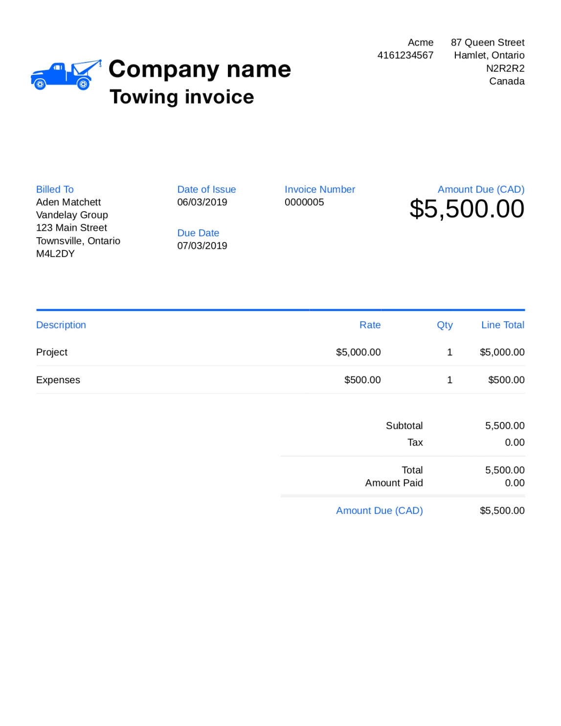 Free Towing Invoice Template