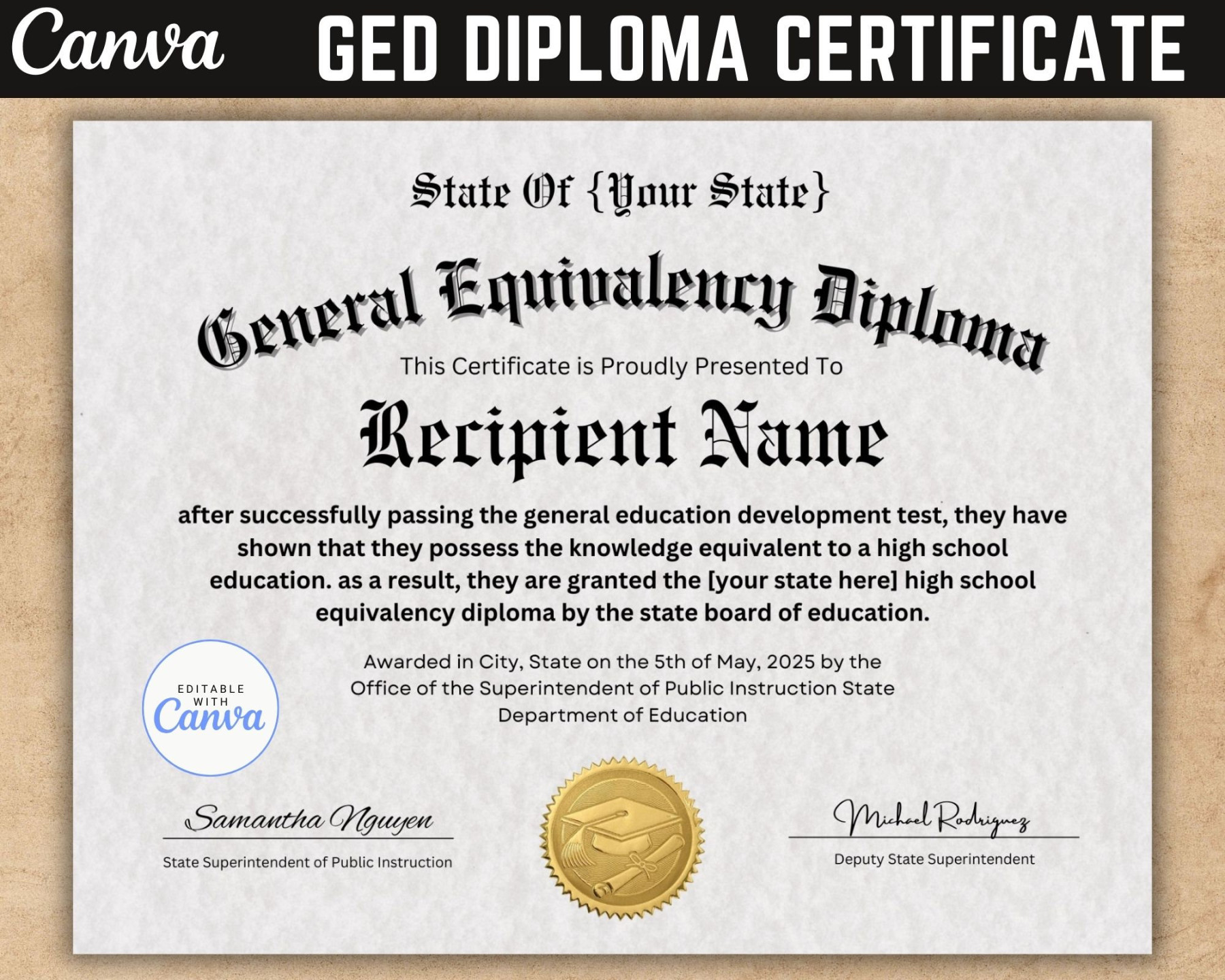 GED Diploma Certificate With Seal, Canva Template, Certificate