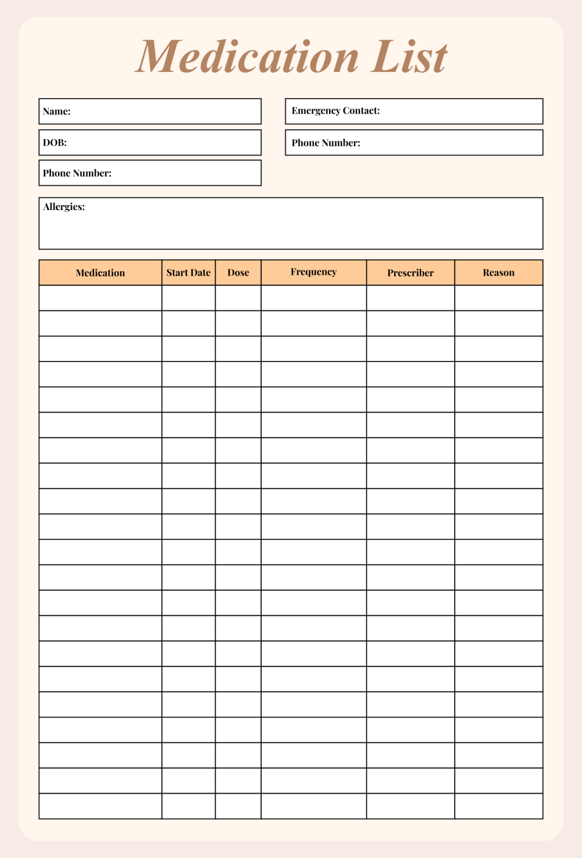 Medication List -  Free PDF Printables  Printablee