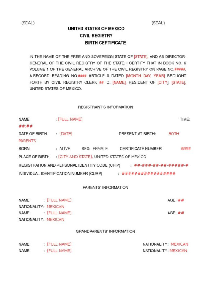 Mexican Marriage Certificate Translation Template