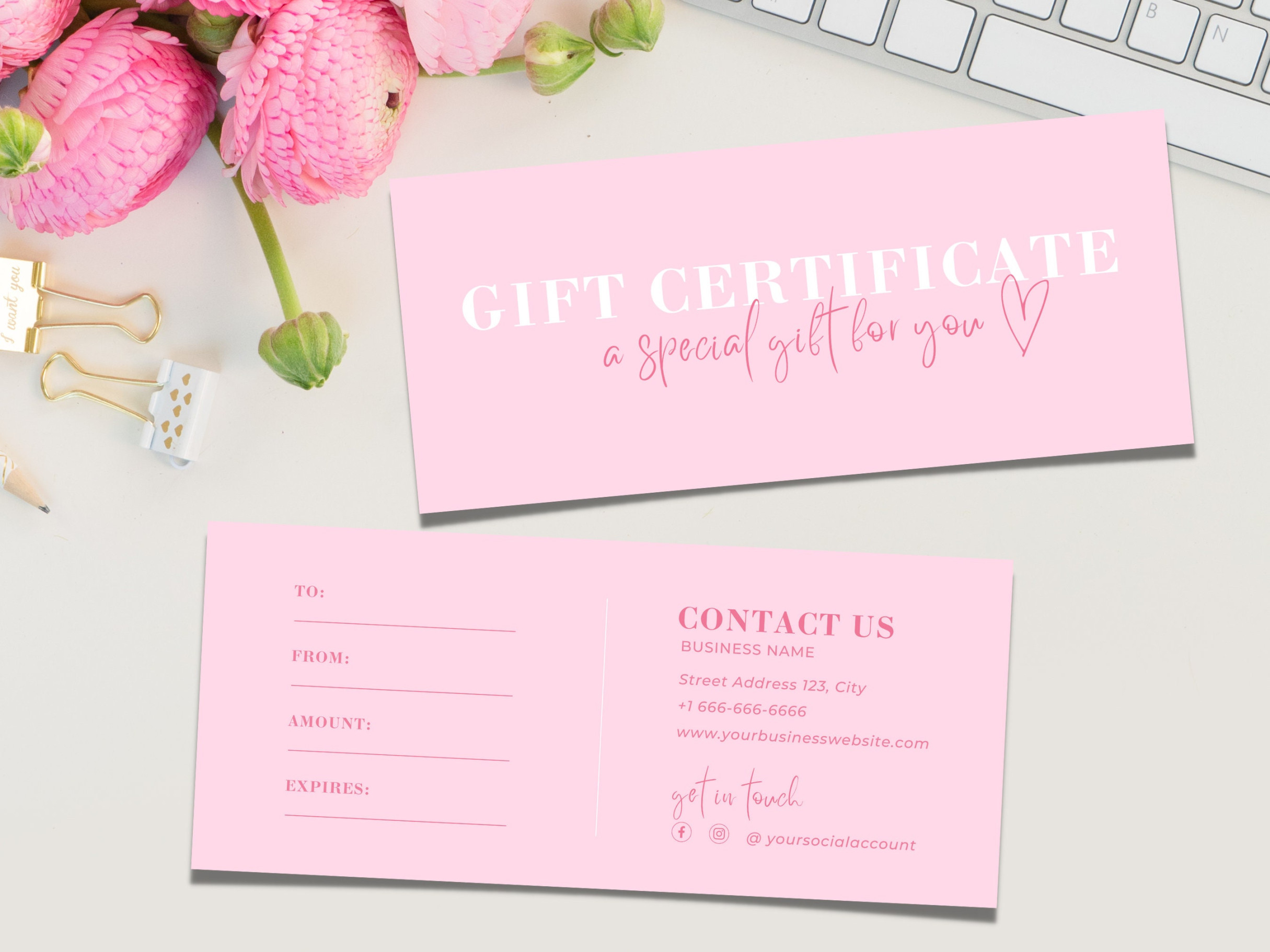 Pink Gift Certificate Template, Voucher Template Pink, Girly Gift