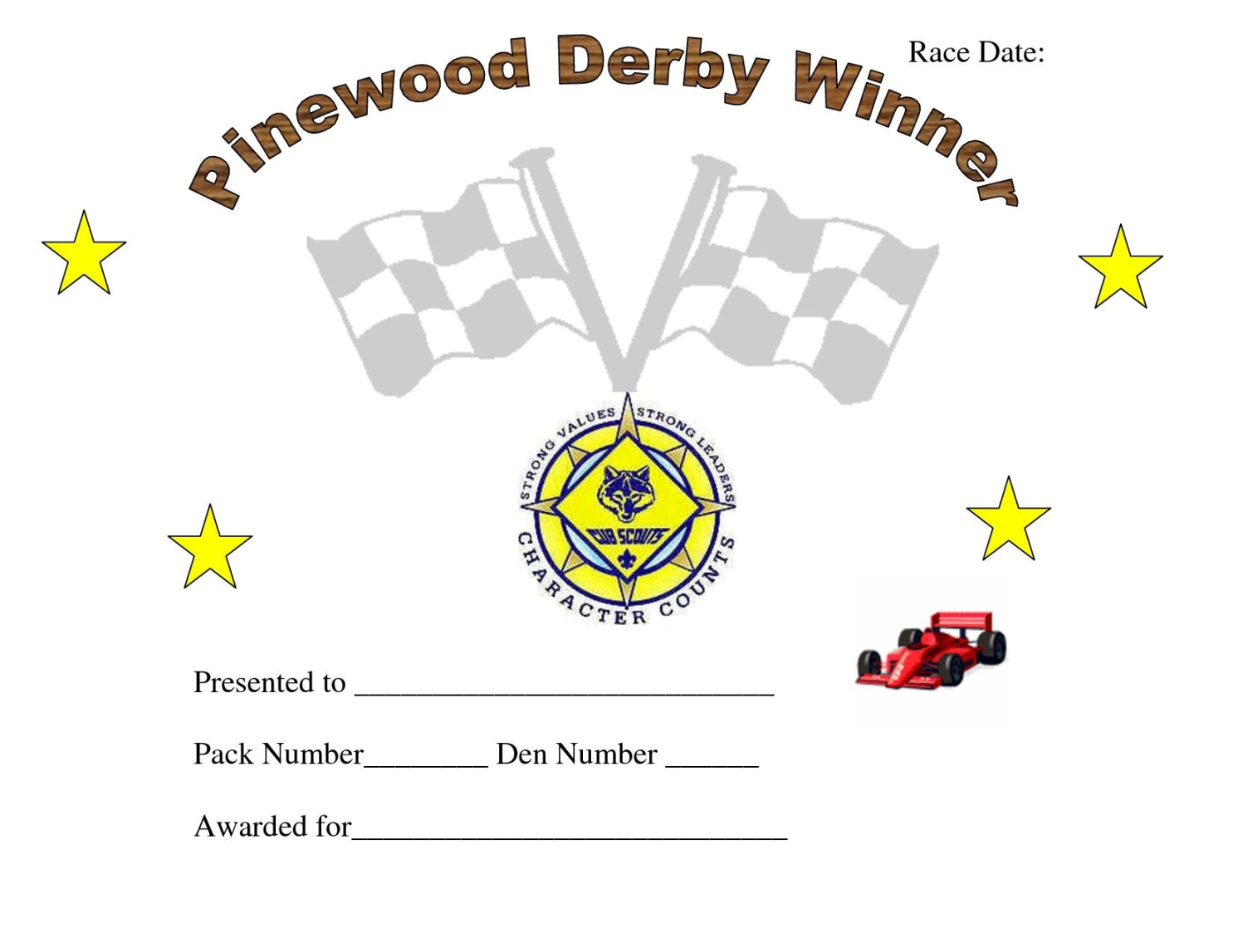 Printable Pinewood Derby Awards Pinewood Derby Car Award within