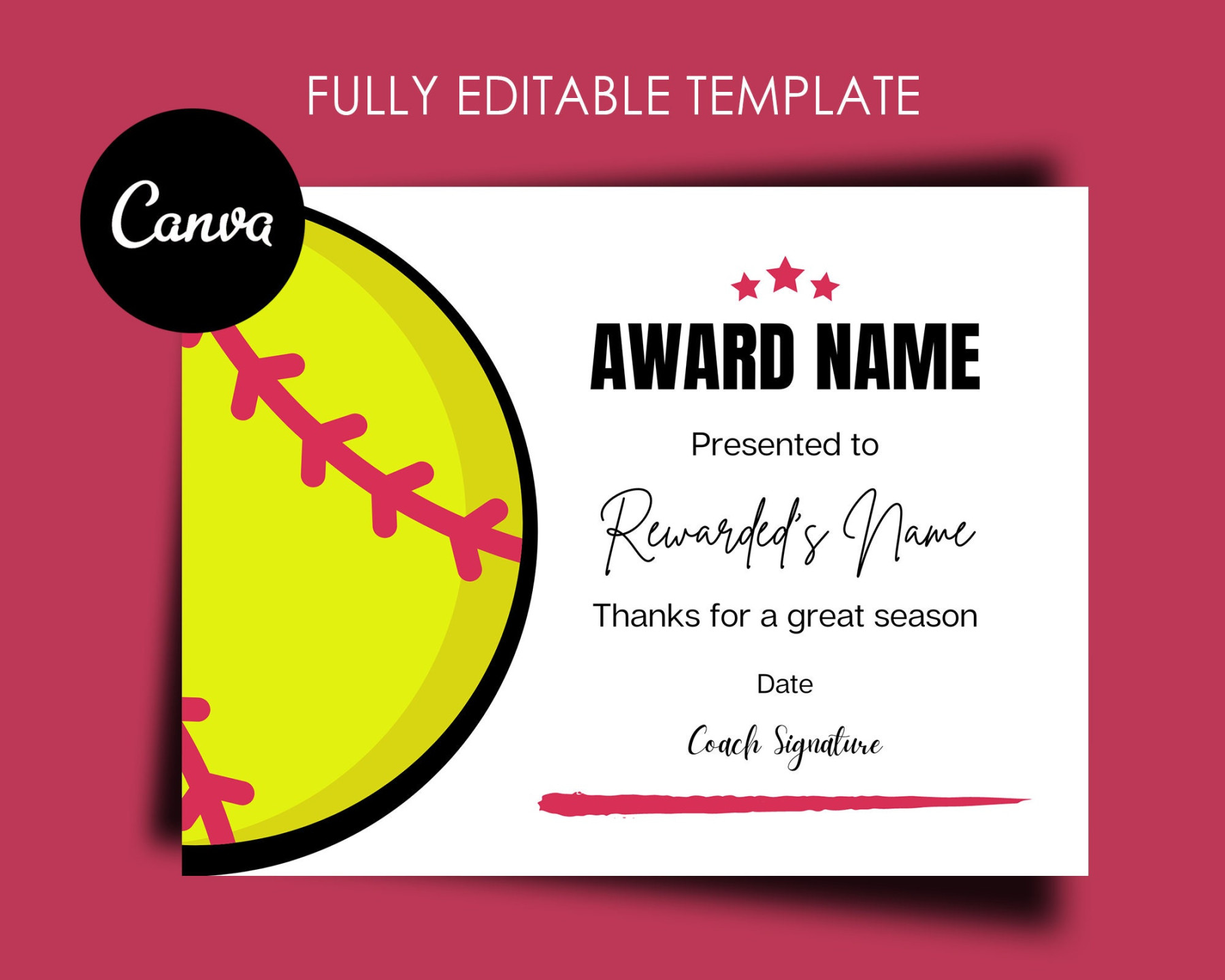 Softball Award Certificate Editable Canva Template, Printable End