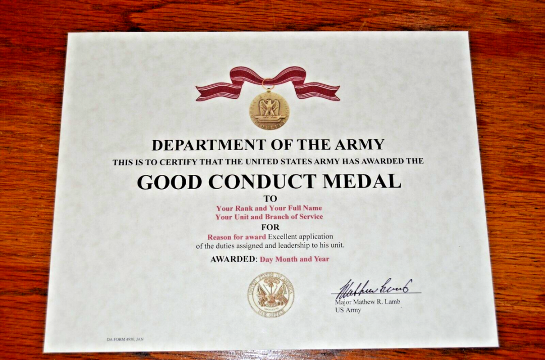 United States Army Good Conduct Medal Replacement Certificate  eBay