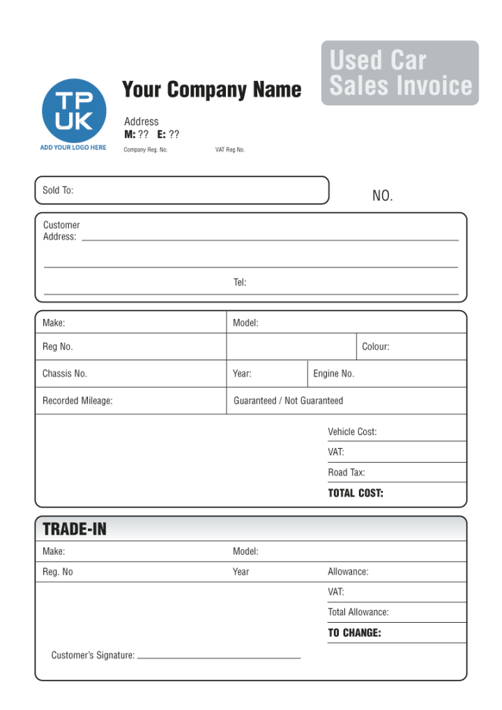 USED CARS Sales Invoice Template for Printing £